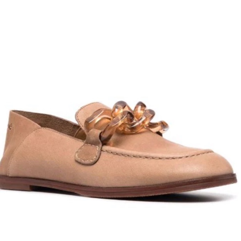 See by Chloé Tan Leather Tortoise Chain Loafer Flats